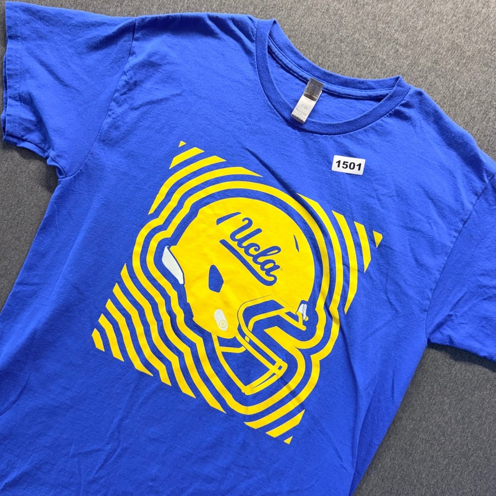 UCLA Bruins Football Helmet Graphic T-Shirt Blue Yellow Mens Large Cotton